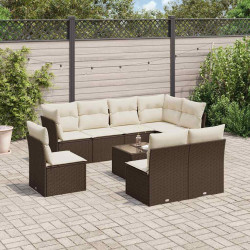 9 Pcs conjunto sofás p/ jardim c/ almofadões vime PE castanho