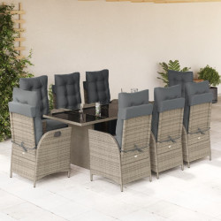 9 Pcs conjunto de jantar p/ jardim c/ almofadões vime PE cinza