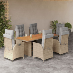7 Pcs conj. jantar jardim c/ almofadões vime PE bege misturado