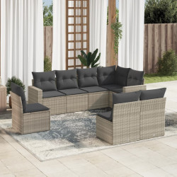 8 Pcs conj. sofás jardim c/ almofadões vime PE cinzento-claro