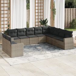 10 Pcs conjunto sofás de jardim c/ almofadões vime PE cinzento