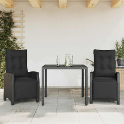 3 Pcs conjunto de jantar p/ jardim c/ almofadões vime PE preto