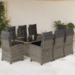 9 Pcs conjunto de jantar p/ jardim c/ almofadões vime PE cinza