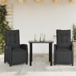 3 Pcs conjunto de jantar p/ jardim c/ almofadões vime PE preto