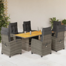 7 Pcs conjunto de jantar p/ jardim c/ almofadões vime PE cinza