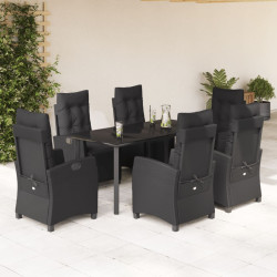 7 Pcs conjunto de jantar p/ jardim c/ almofadões vime PE preto