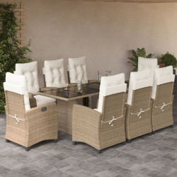 9 Pcs conjunto de jantar p/ jardim com almofadões vime PE bege