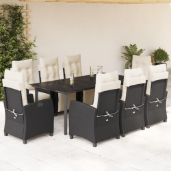 9 Pcs conjunto de jantar p/ jardim c/ almofadões vime PE preto