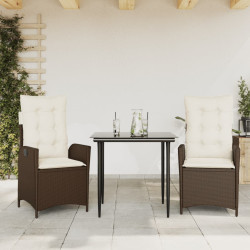 3 Pcs conjunto jantar p/ jardim c/ almofadões vime PE castanho