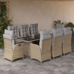 9 Pcs conj. jantar jardim c/ almofadões vime PE bege misturado