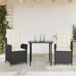 3 Pcs conjunto de jantar p/ jardim c/ almofadões vime PE preto