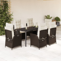 7 Pcs conjunto jantar p/ jardim c/ almofadões vime PE castanho