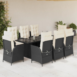 9 Pcs conjunto de jantar p/ jardim c/ almofadões vime PE preto