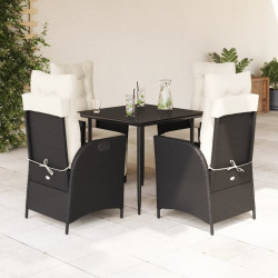 5 Pcs conjunto de jantar p/ jardim c/ almofadões vime PE preto