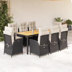 9 Pcs conjunto de jantar p/ jardim c/ almofadões vime PE preto