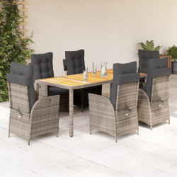 7 Pcs conjunto de jantar p/ jardim c/ almofadões vime PE cinza