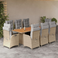 9 Pcs conj. jantar jardim c/ almofadões vime PE bege misturado