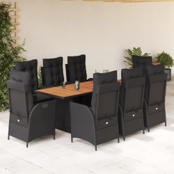 9 Pcs conjunto de jantar p/ jardim c/ almofadões vime PE preto