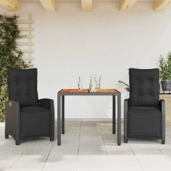 3 Pcs conjunto de jantar p/ jardim c/ almofadões vime PE preto
