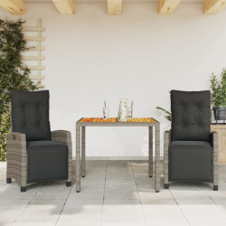 3 Pcs conjunto de jantar p/ jardim c/ almofadões vime PE cinza