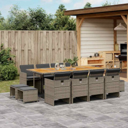 13 Pcs conjunto jantar p/ jardim c/ almofadões vime PE cinzento