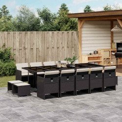 15 Pcs conjunto de jantar p/jardim com almofadões vime PE preto