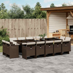 15 Pcs conjunto jantar p/ jardim c/ almofadões vime PE castanho