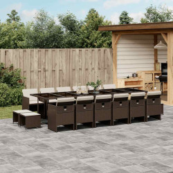 17 Pcs conjunto jantar p/ jardim c/ almofadões vime PE castanho