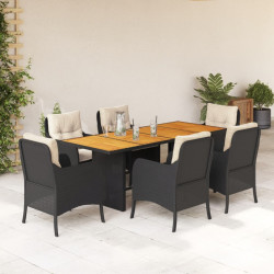 7 Pcs conjunto de jantar p/ jardim c/ almofadões vime PE preto