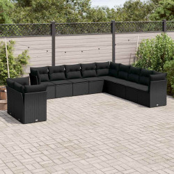 11 Pcs conjunto sofás de jardim c/ almofadões vime PE preto