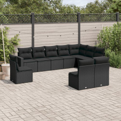 10 Pcs conjunto sofás de jardim c/ almofadões vime PE preto