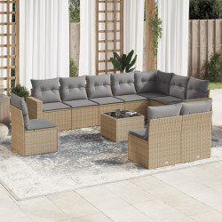 11 Pcs conjunto sofás de jardim c/ almofadões vime PE bege
