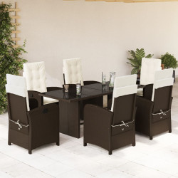 7 Pcs conjunto jantar p/ jardim c/ almofadões vime PE castanho