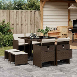 9 Pcs conjunto jantar p/ jardim c/ almofadões vime PE castanho