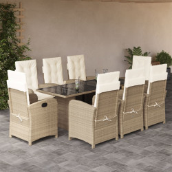 9 Pcs conjunto de jantar p/ jardim com almofadões vime PE bege