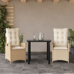 3 Pcs conjunto de jantar p/ jardim com almofadões vime PE bege