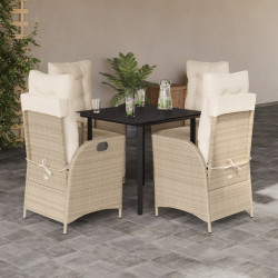 5 Pcs conjunto de jantar p/ jardim com almofadões vime PE bege