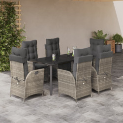 7 Pcs conj. jantar p/ jardim c/ almofadões vime PE cinza-claro