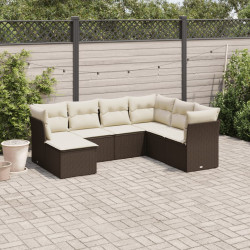 7 Pcs conjunto de sofás jardim c/ almofadões vime PE castanho