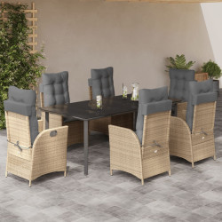 7 Pcs conjunto de jantar p/ jardim com almofadões vime PE bege