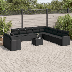 12 Pcs conjunto de sofás de jardim c/ almofadões vime PE preto