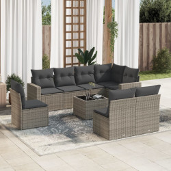 9 Pcs conjunto sofás p/ jardim com almofadões vime PE cinzento