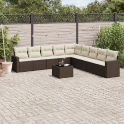 10 Pcs conj. sofás jardim com almofadões vime PE castanho