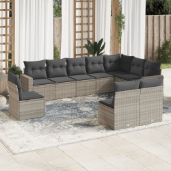 10 Pcs conj. sofás jardim com almofadões vime PE cinzento-claro