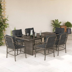 7 Pcs conjunto de jantar p/ jardim c/ almofadões vime PE cinza