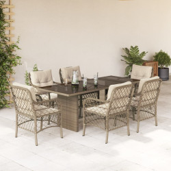 7 Pcs conjunto de jantar p/ jardim com almofadões vime PE bege