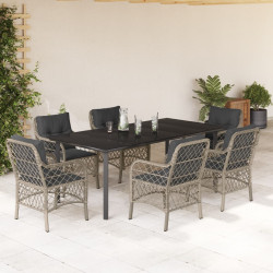 7 Pcs conj. jantar p/ jardim c/ almofadões vime PE cinza-claro