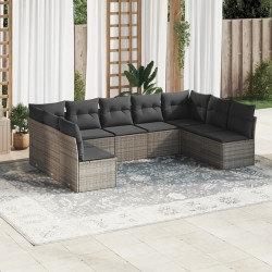9 Pcs conjunto sofás p/ jardim com almofadões vime PE cinzento