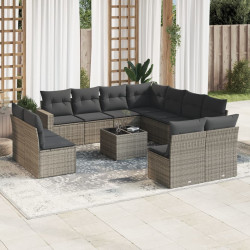 12 Pcs conjunto de sofás jardim c/ almofadões vime PE cinzento