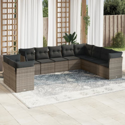 10 Pcs conjunto sofás de jardim c/ almofadões vime PE cinzento